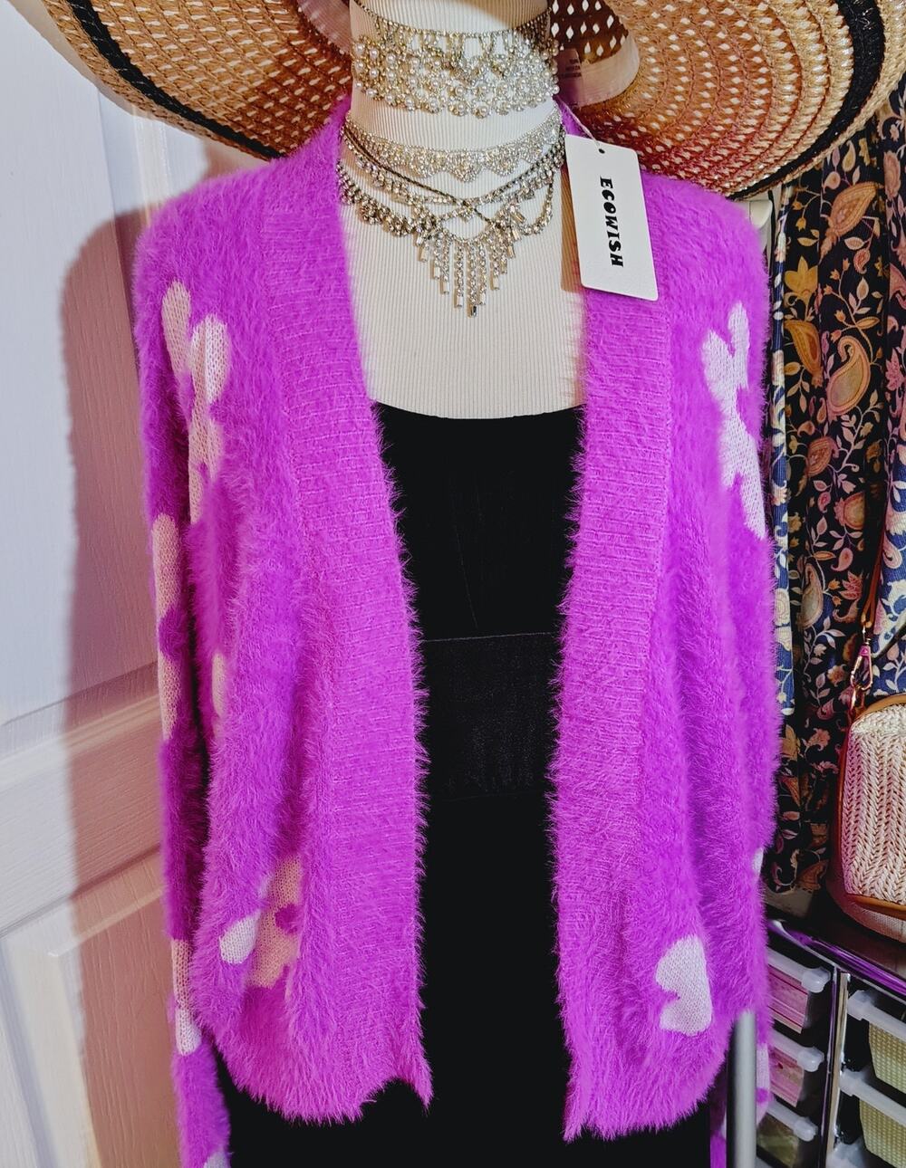 BEAUTIFUL PURPLE AND WHITE FLOWERED OVERSIZED CARDIGAN SOFT SWEATER